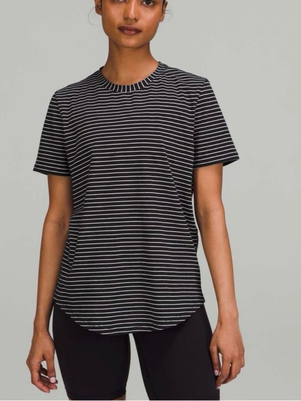 lululemon athletica Black and White Striped Short Sleeve Crew